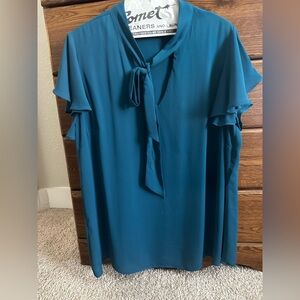 City Chic Teal Blouse with Tie Neck